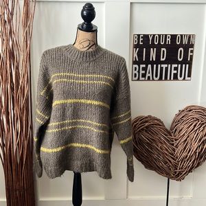 Aerie Bulky Knit Olive and Yellow Striped Hi Low Sweater